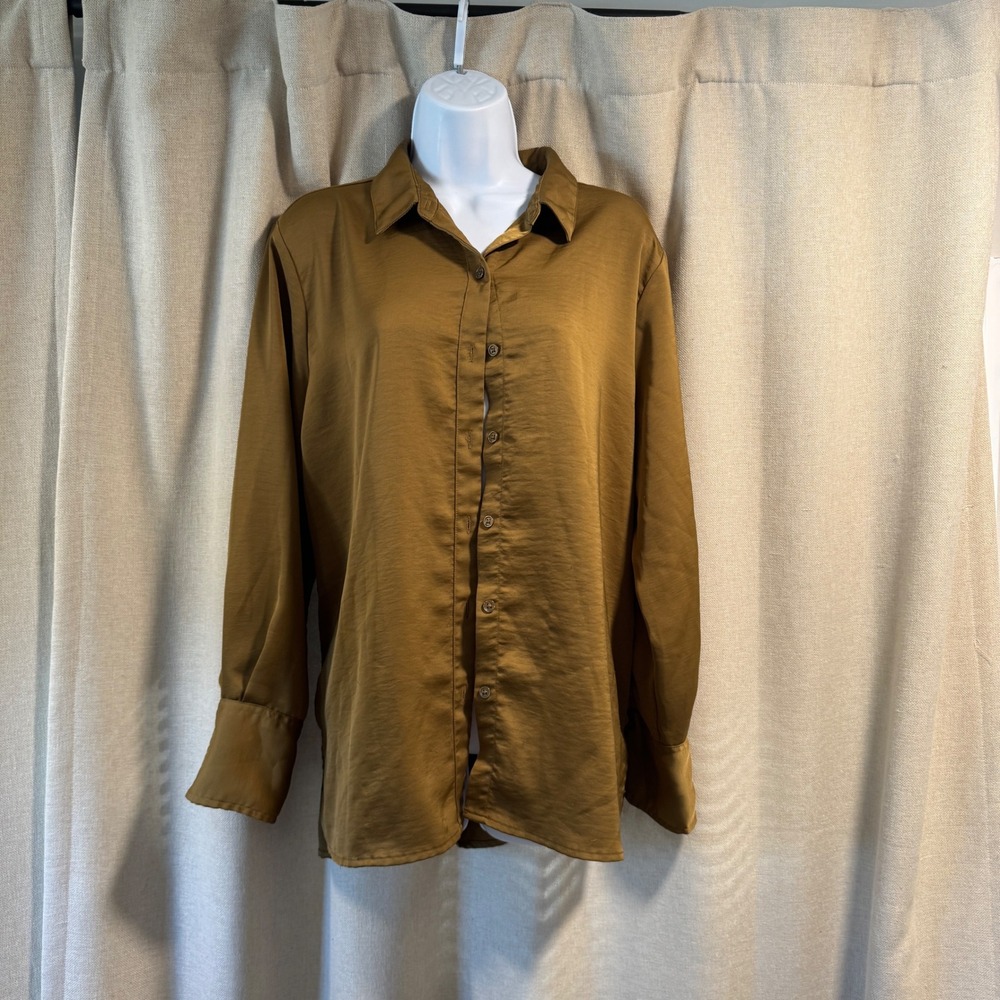 A New Day Womens Button Down Shirt Top Long Sleeve Olive Size Small